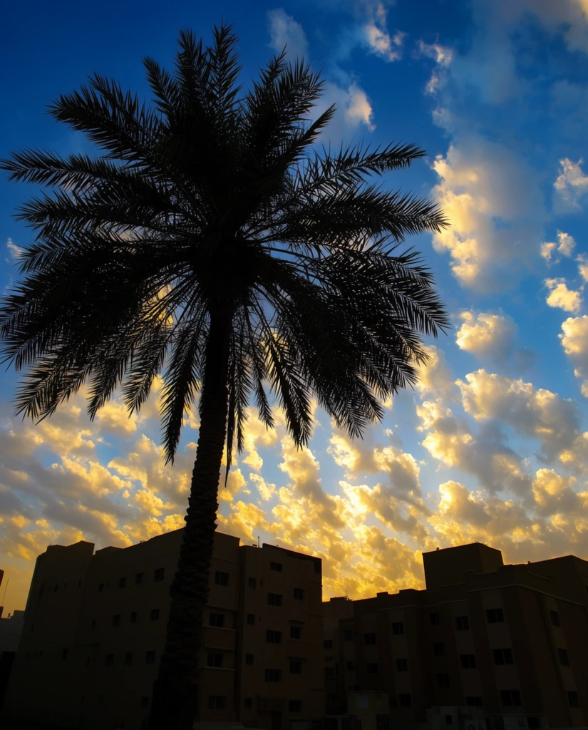 A silhouetted date palm tree dominates the foreground against a vibrant blue sky scattered with radiant golden and white clouds. Captured from a low angle, the tree's textured trunk and sprawling fronds contrast sharply with the luminous background. Below, flat-roofed, multi-story tan buildings rest in deep shadow. High-contrast photography captures the dramatic golden hour backlighting, emphasizing the ethereal glowing clouds hovering above the dark, geometric urban skyline.