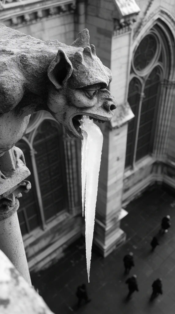 A weathered stone gargoyle projects outward, suspending a massive, solid icicle from its open jaws. This stark black and white photograph utilizes a steep high-angle perspective, looking past gothic arched windows and structural columns. Far below, tiny blurred pedestrians walk across a dark paved courtyard. The rough carved stone contrasts sharply with the luminous, smooth ice, creating a striking focal point that emphasizes the freezing urban environment and dizzying architectural height.