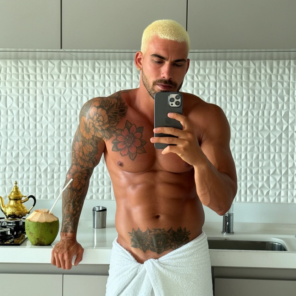 shirtless muscular man taking a mirror selfie, bleached blonde buzz cut, facial hair, tanned skin with extensive floral tattoos on right arm and chest, lower abdomen tattoos, wearing a white towel around waist, holding a dark smartphone, leaning on a white kitchen counter, modern interior, white textured tile wall, gray overhead cabinets, fresh coconut with a straw and golden teapot on left counter, bright natural daylight, casual lifestyle photography