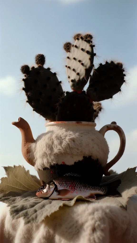 cinematic still life photography, rustic folk aesthetic, centered composition, soft natural daylight, muted earthy palette, high tactile texture, weathered ceramic teapot containing prickly pear cactus pads and a fresh whole fish resting on a large green leaf, raw authentic details, soft film grain, pale blue sky background, stoic atmosphere, hyper-realistic materiality, professional art direction, organic folk-inspired styling, soft shadows, focus on textural contrast and heritage mood.