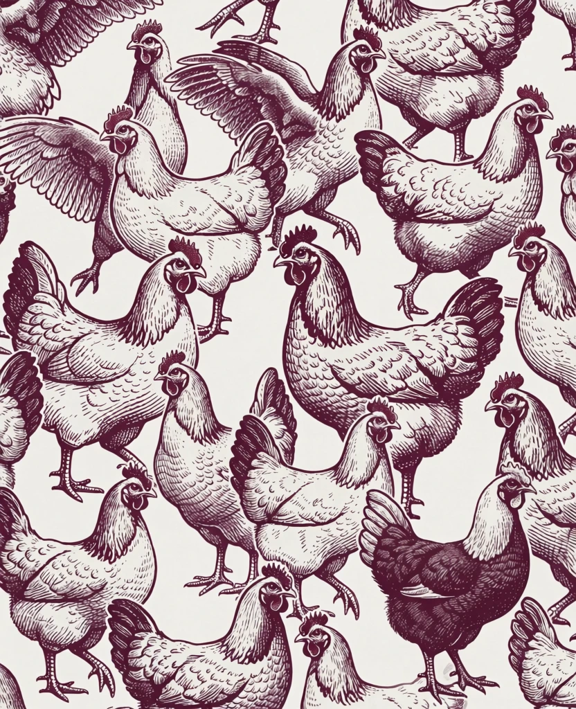 vintage chicken pattern, burgundy ink sketch, engraved illustration, rustic farmhouse vibe