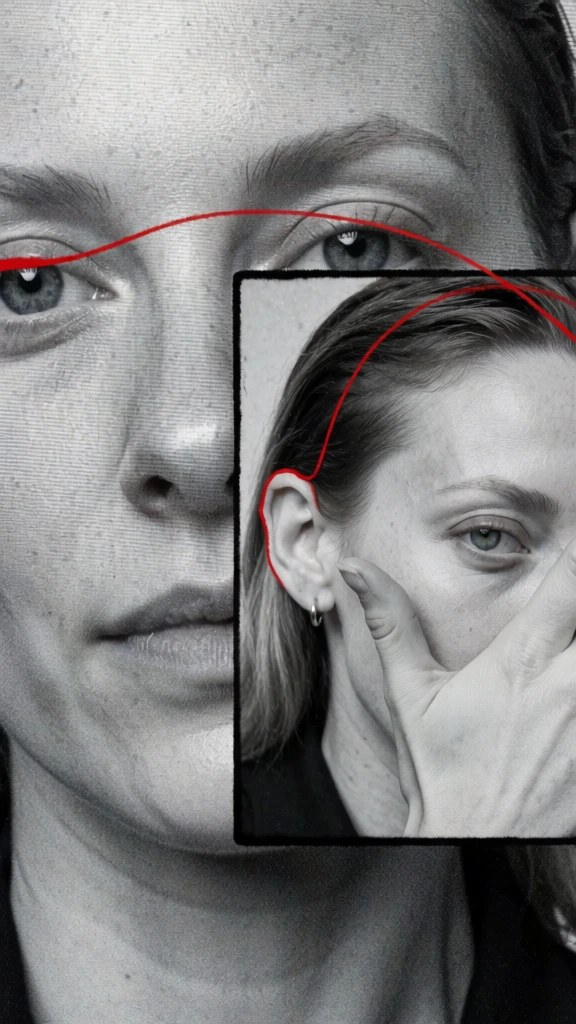 A grainy, black-and-white composite image features two overlapping views of a woman's face, connected by a single, continuous red line. In the background, a large-scale, close-up crop of the woman's face fills the frame, showcasing her light-colored eyes and the bridge of her nose with a neutral expression. Overlaid on the right side is a smaller, black-bordered rectangular inset showing a slightly different angle of the same woman. In this inset, her hair is slicked back, a small silver hoop earring is visible in her right ear, and her hand is held up to partially obscure her face, with the thumb pointing toward the left. A thin, vibrant red line starts at the left edge of the composition, travels horizontally across the woman's eyes in the background image, then dips down to trace the outer contour of her ear in the inset before arcing over the top of her head and exiting the right side of the frame. The overall style is gritty and textured, resembling a high-contrast photocopy or a low-resolution screen capture, with visible horizontal scan lines and heavy digital grain. The color palette is strictly monochromatic except for the stark, artificial red line that provides a sharp focal point.