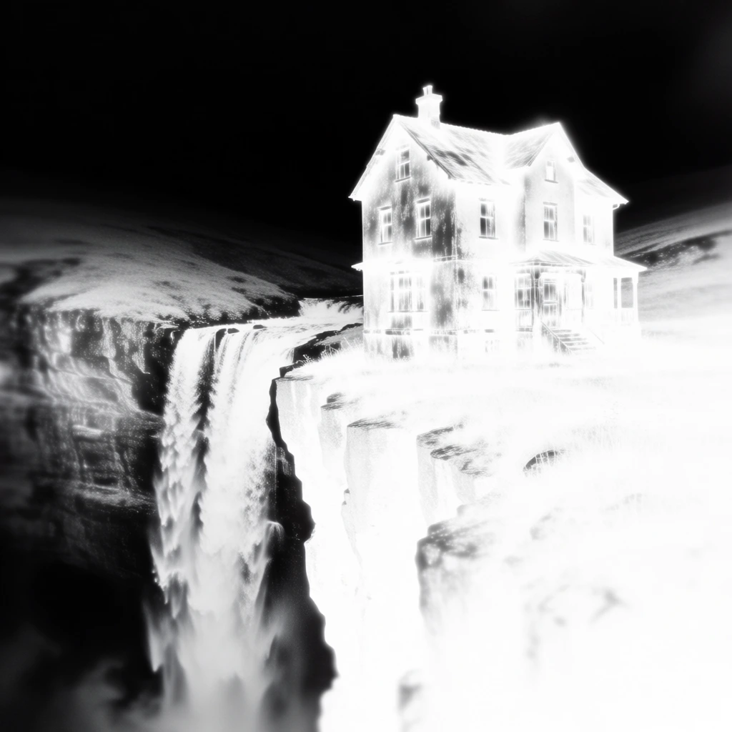 a lone house on a jagged cliffside with a plummeting waterfall, rendered in high-contrast monochrome with extreme blooming highlights, the structure and water appear as luminous white silhouettes against an abyssal black void, heavy 35mm film grain, lo-fi punk zine aesthetic, solarized edges, sharp tonal cutoff, square format, atmospheric dust and scratches, visceral analog artifacts, stark chiaroscuro, suspended dreamlike isolation.