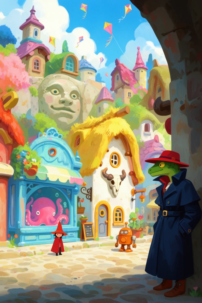 whimsical sunny fantasy town square, vibrant 2D digital illustration, humanoid reptile in dark blue trench coat and red hat standing in shadowed foreground right archway, colorful quirky buildings, pastel blue shop with giant pink octopus inside, white house with yellow thatched roof and animal skull, tiny wizard in red cloak, orange robot figure on cobblestone street, giant stone face integrated into background architecture, bright blue sky with fluffy clouds and colorful kites, storybook aesthetic, painterly textures