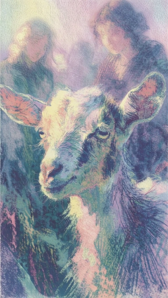 ethereal impressionistic portrait of a young goat head and neck, vertical composition, background featuring soft-focus characters, chalk and pastel textures with scratchy cross-hatched linework, muted palette of pale yellow, coral pink, lavender, and deep teal, hazy dreamlike lighting, stippled highlights, tactile grain and paper tooth, painterly layers, soft blending juxtaposed with sharp erratic marks, muted atmospheric depth, evocative of a textured mixed media hand-drawn illustration.