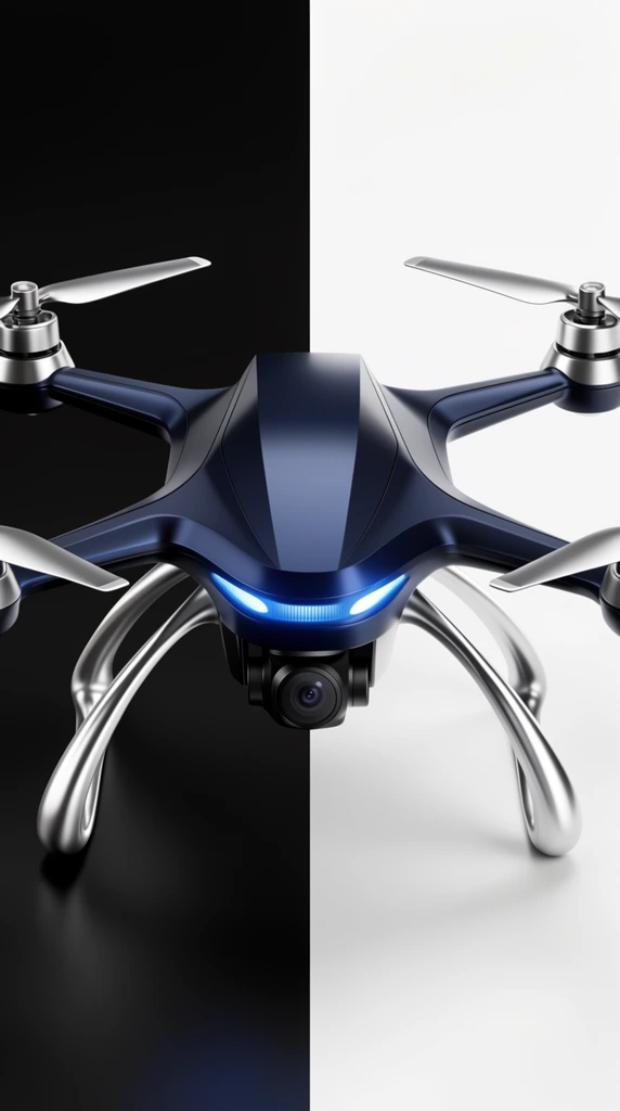 sleek quadcopter drone on a vertically split black and white background, dark navy blue and brushed silver metallic finish, aerodynamic geometric central chassis, glowing blue LED headlights, four extending arms, top-mounted propellers, curved silver landing gear legs, underbelly camera, 3D product render, studio lighting, sharp focus, high-contrast industrial design