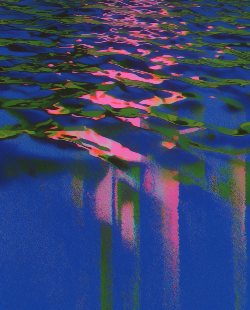 A water surface with undulating ripples concentrated across its upper half, rendered in a 1980s retro-futuristic airbrush illustration style fused with early digital dithering. The liquid expanse features a hyper-saturated ultramarine blue base heavily textured with coarse chromatic grain and stippled noise. Along the rippling crests, harsh, surreal lighting casts high-contrast, jagged highlights of shocking neon pink, bright magenta, and lush acid green. The shading transitions abruptly between intense color blocks, mimicking early computer graphics and lo-fi digital rendering techniques. VHS glitch artifacts, intense chromatic aberration, and vertical color bleeding distort the fluid forms, pulling aggressive, pixelated streaks of pink and green downward through the deep blue aquatic texture to create a heavily stylized, hallucinatory visual plane.