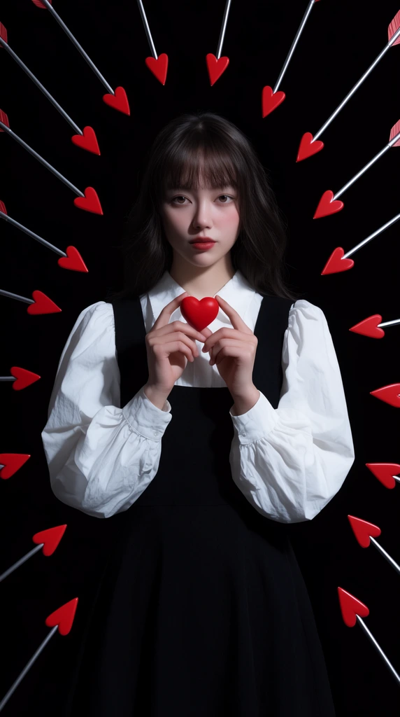 A young woman in a black pinafore and white puff-sleeve shirt stands centered against a pitch-black background, holding a small red heart. Floating silver arrows with red heart tips surround her in a radial pattern, pointing inward in a high-contrast, surreal fashion portrait.