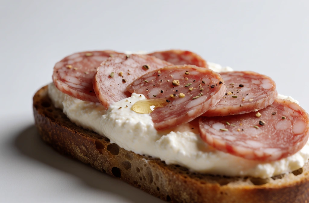 A close-up food photograph shows an open-faced sandwich: a thick slice of dark bread spread with creamy white cheese and topped with overlapping rounds of pink-red salami sprinkled with cracked herbs and pepper. Photorealistic food photography, studio still life, commercial culinary image, macro-close-up, shallow depth of field, minimalist composition, clean white seamless background, naturalistic softbox lighting, contemporary stock-photo aesthetic, crisp texture detail, appetizing, simple, refined, rustic-meets-modern, medium visual complexity, adjacent to styles seen in high-end cookbook and deli advertising, vaguely reminiscent of clean food styling rather than painterly art, palette of warm brown, ivory white, rosy pink, muted red, beige fat marbling, black and green herb flecks, soft neutral gray shadow, high-key exposure, balanced contrast, sharp focus on front-center toppings, gentle falloff toward rear, likely short telephoto or macro lens, no visible motion blur, no noise, no obvious compression artifacts. The sandwich sits slightly below center and angled diagonally from lower left toward upper right. The bread is a single rectangular-ish slice of dense dark rye or whole grain, with a thick crust visible along the bottom and right edges, porous and rough-textured with toasted brown highlights. A generous uneven layer of white soft cheese covers nearly the entire top surface, mounded and fluffy, peeking out around all sides, especially left edge and right rear corner. Near the lower center, a small glossy golden-yellow droplet of oil or melted fat glints against the cheese. On top are five visible salami slices arranged in a loose overlapping fan. One dominant slice lies at the center, facing the viewer almost flat, its marbled fat pattern clearly visible. A second slice peeks from behind it near the upper center, slightly out of focus. Another slice extends leftward across the middle-left, its lower edge hanging toward the front-left corner. A fourth slice appears at the lower right beneath the center slice, and a fifth curves up along the right side. The salami is edged in deeper red, lighter pink toward the marbling, and dusted with coarse black pepper and dried green-brown herb flakes scattered across both meat and cheese. The background is completely plain, pale gray-white, with only a soft diffuse shadow beneath and to the left of the bread, reinforcing the clean isolated studio presentation.