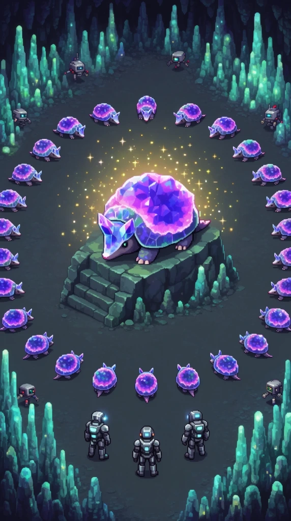 A 16-bit top-down pixel art scene depicting a mystical gathering in a bioluminescent cavern. A colossal crystal armadillo with a glowing purple geode on its back sits atop a jagged stone altar, radiating sparkling golden light particles. Dozens of smaller crystal armadillos are arranged in a wide circle around the central figure. At the bottom edge, three futuristic scavengers in sleek metallic armor and glowing visors watch the event. The perimeter is enclosed by dense clusters of glowing teal stalagmites, with tiny robotic drones perched among the crystalline formations. The orthographic projection and crisp pixelated rendering heavily evoke a classic retro role-playing game.