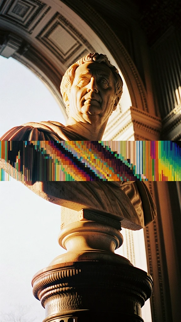 a classical marble bust of a man resting on an ornate fluted pedestal in a grand interior hall, viewed from a dramatic low-angle perspective, a wide horizontal band of vertical pixel-sorting glitch art cutting through the center of the frame, smearing the stone into vibrant multicolored streaks, warm golden hour sunlight raking across the sculpture, deep high-contrast shadows, vintage 35mm film aesthetic, heavy analog grain, muted terracotta and ochre tones, datamoshing effect
