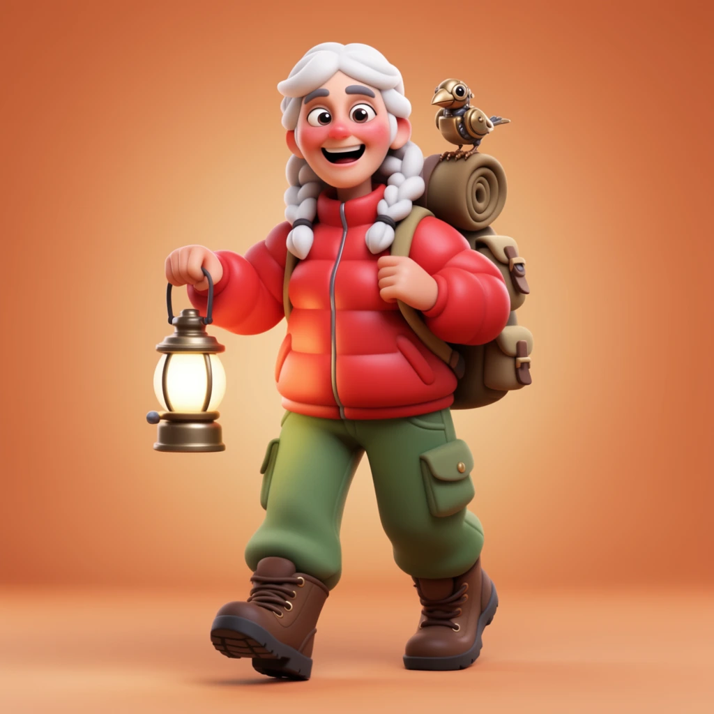 A 3D stylized cartoon of an older female explorer with white braided hair walking forward. She wears a bright red puffer jacket, green cargo pants, and sturdy brown boots. In her right hand, she holds a glowing lantern, and a large hiking backpack is slung over her left shoulder. A small mechanical brass bird perches lightly on her left shoulder. Her face features an excited, open-mouthed smile, large expressive eyes, and rosy cheeks. The background is a solid, smooth warm orange gradient. Rendered in a high-quality, polished 3D animation style with soft studio lighting and a clean, minimalist composition.