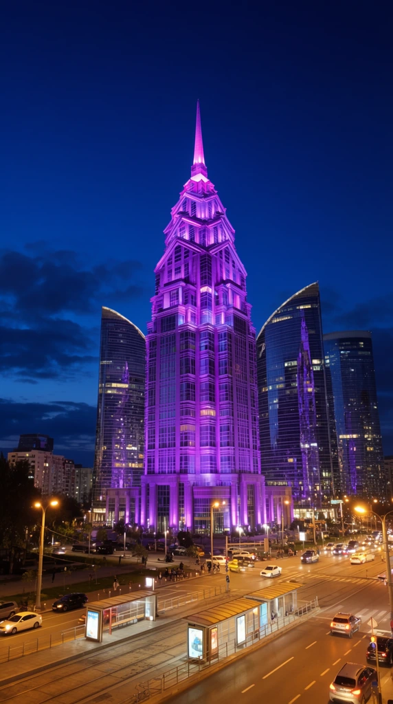 A monumental tiered skyscraper illuminated in striking purple light dominates a modern city skyline at night. The central structure features intricate stepped levels and a sharp spire bathed in vibrant magenta uplighting. Surrounding it are sleek curving glass skyscrapers reflecting the ambient glow. In the foreground, a bustling multi-lane street is lit by warm yellow streetlamps, passing cars, and glowing transit shelters. The urban scene stands against a deep blue twilight sky with dark clouds near the horizon. Wide-angle night photography captures the dramatic color contrast between the cool sky, the golden street-level illumination, and the intense neon purple architectural centerpiece.