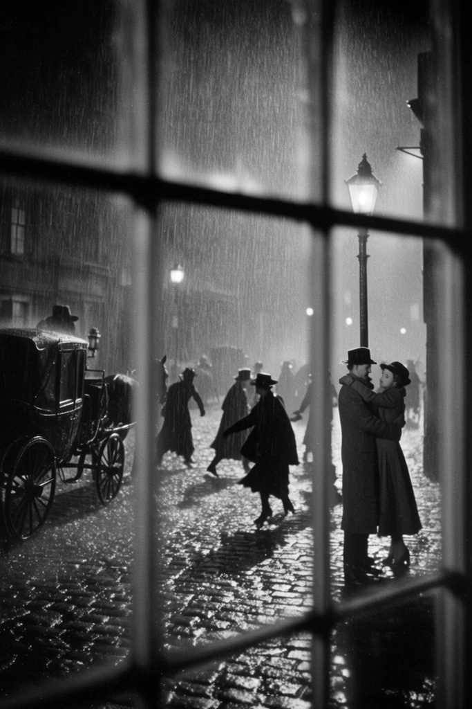 black and white, vintage film still, rain-slicked cobblestone street at night, viewed through a multi-paned window, out-of-focus window frame in foreground, heavy rain falling, horse-drawn carriage parked on left, dark figures hurrying across street, couple embracing under streetlamp, figures bundled in coats and hats, dramatic high-contrast lighting, cinematic composition, film grain, atmospheric perspective, evocative film noir aesthetic