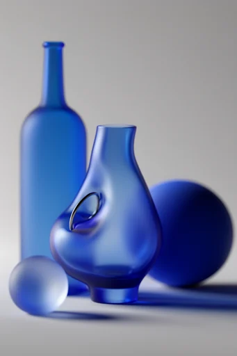 Refractive Cobalt Minimalism style reference image — translucent glass and matte clay textures