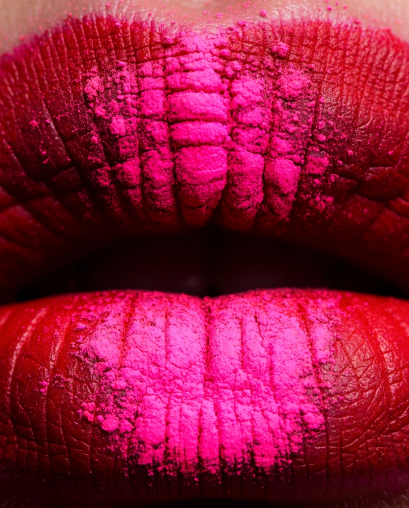Extreme macro close-up of slightly parted lips painted deep red and heavily dusted with vibrant neon pink powder. The textured surface highlights intricate skin ridges contrasting with deep central shadows in a bold, saturated composition.