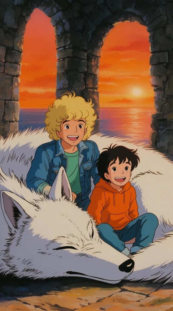 two smiling boys sitting in the thick white fur of a gigantic sleeping wolf, older boy with curly blonde hair in a denim jacket, younger boy in an orange hoodie, background features ancient stone archways framing a vibrant orange sunset over a calm ocean, classic 1980s 2D anime style, traditional cel shading, soft warm lighting, joyful and nostalgic mood