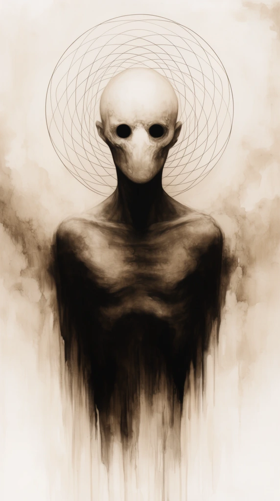 A surreal sepia painting of an emaciated humanoid featuring a domed skull face and hollow black eyes. The heavily shadowed torso dissolves at the waist into dark downward-dripping streaks. A precise geometric halo of thin concentric intersecting circles frames the head, contrasting against the organically stained, off-white background wash.