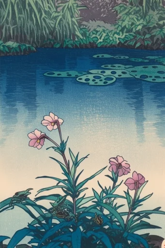 Ethereal Indigo Woodblock style reference image — serene landscape