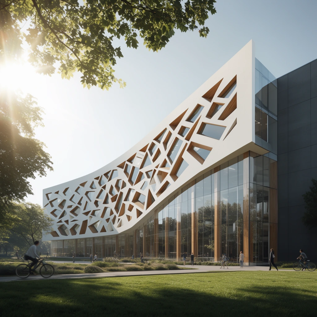 A photorealistic architectural visualization of a modern building featuring a dynamic, sweeping white facade punctuated by an irregular, geometric pattern of angled, recessed windows accented with warm wood. Below, a towering glass curtain wall reveals interior wooden columns, contrasting with dark gray paneling on the right. Small figures walk and cycle along the paved pathways of the landscaped campus. Bright sunlight streams from the upper left, creating a prominent lens flare and casting long shadows across the vibrant green lawn in the foreground. Leafy overhanging tree branches frame the top left corner against a clear pale blue sky.