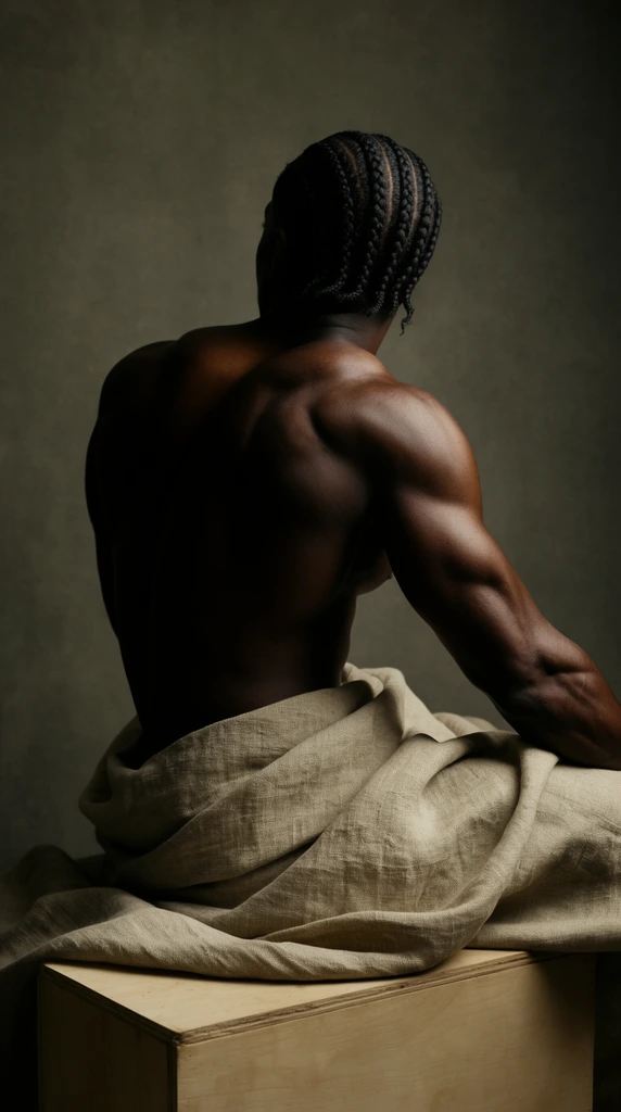 A dramatic fine art studio portrait of a muscular Black man viewed from behind, seated on a wooden box with textured beige fabric draped around his waist. Striking chiaroscuro lighting casts deep shadows on his left side while softly illuminating the highly defined anatomy of his right shoulder, back, and extended arm. His hair is styled in neat straight-back cornrows, and his head is turned away. The thick woven linen pools loosely on the light wooden block against a mottled olive-gray studio backdrop, completing a moody, earthy color palette with a painterly aesthetic.