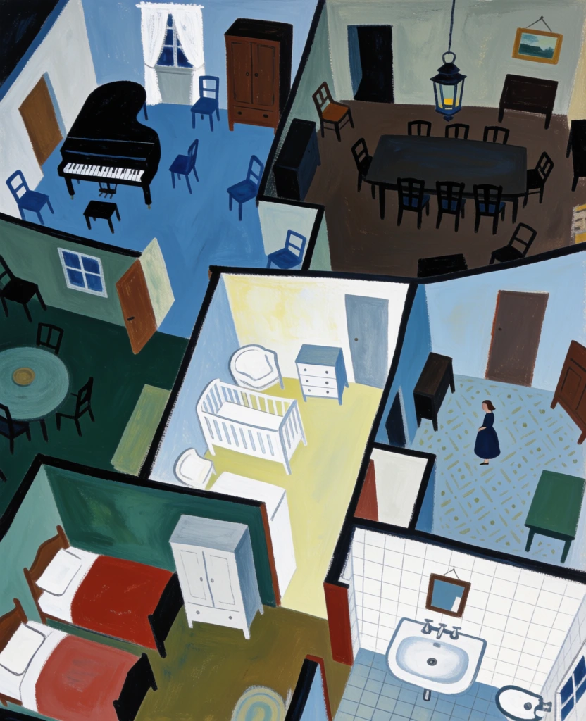 A high-angle, expressionist gouache painting depicts the interior of a multi-room house through a fragmented and distorted floor plan, viewed from a flattened, overhead perspective. The composition is divided by thick, dark, irregular lines that serve as walls, creating a patchwork of small, cell-like rooms tilting at various angles. In the top left corner, a vibrant blue room contains a black grand piano, several blue chairs, a tall wooden display cabinet, and a white curtained window. Adjacent to it in the upper right, a dark brown dining room features a long table, multiple chairs, a golden hanging lantern, and a small framed picture on the wall. Below the blue room, a deep green chamber is furnished with several dark chairs and a circular table. In the center of the arrangement, a light-colored nursery contains a white crib and a small dresser. To the right of the nursery, a light-blue room with a patterned floor shows a single tiny figure of a woman in a dark blue dress standing near a green table. The bottom left corner reveals a bedroom with two beds covered in red blankets and a wooden wardrobe, while the bottom right corner illustrates a bathroom with a prominent white porcelain sink. The artistic style is naive and textured, with visible brushstrokes and a non-linear perspective that gives the interior an unstable, dreamlike quality. The color palette is varied, utilizing saturated tones of navy blue, forest green, and earthy brown contrasted with patches of bright white and deep red.