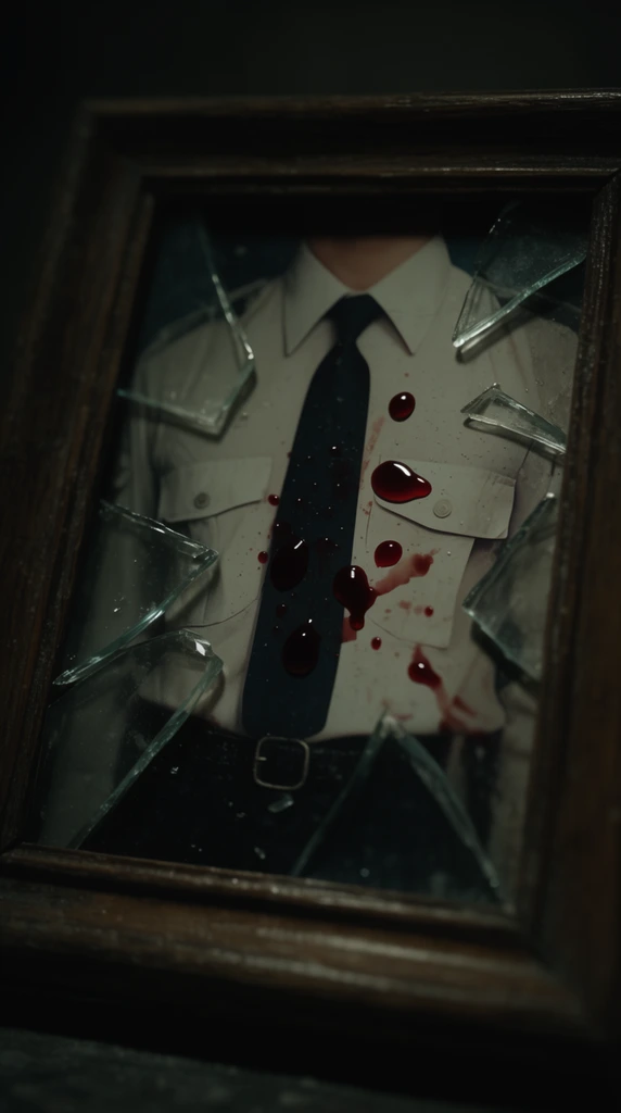 A broken wooden picture frame holds a photo of a figure in a uniform shirt and tie. Jagged glass shards cover the image, marked by distinct droplets of dark red blood. Low-key lighting and shallow depth of field create a moody cinematic atmosphere.