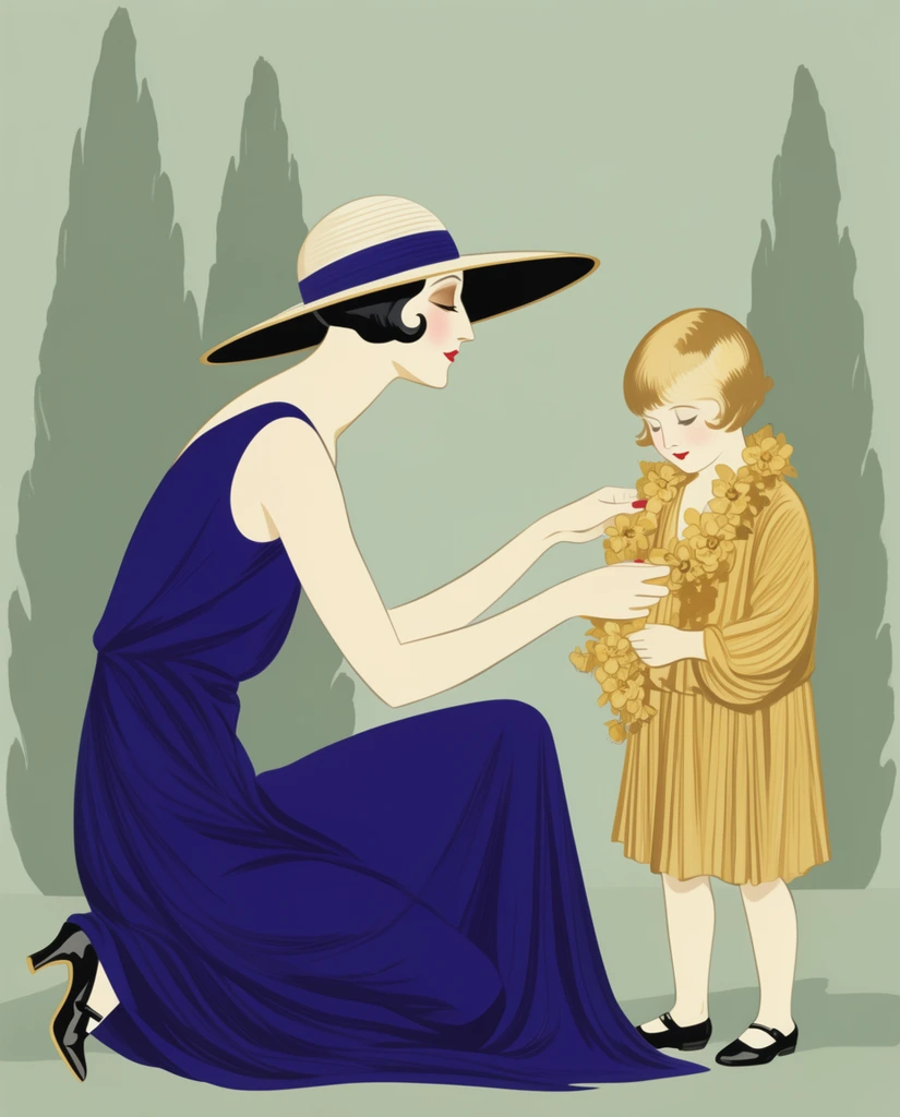 An Art Deco fashion illustration of an elegantly elongated woman in a sweeping deep indigo gown kneeling to adjust a golden-yellow floral garland on a young child. The woman wears a wide-brimmed sun hat and interacts delicately with the child, who is dressed in a pleated golden-yellow tunic. They are positioned against a minimalist background of flat-colored, stylized cypress trees in muted sage green. The artwork features smooth, sweeping lines, stark unshaded color blocks, and the distinctive graceful proportions characteristic of 1920s vintage fashion plates.