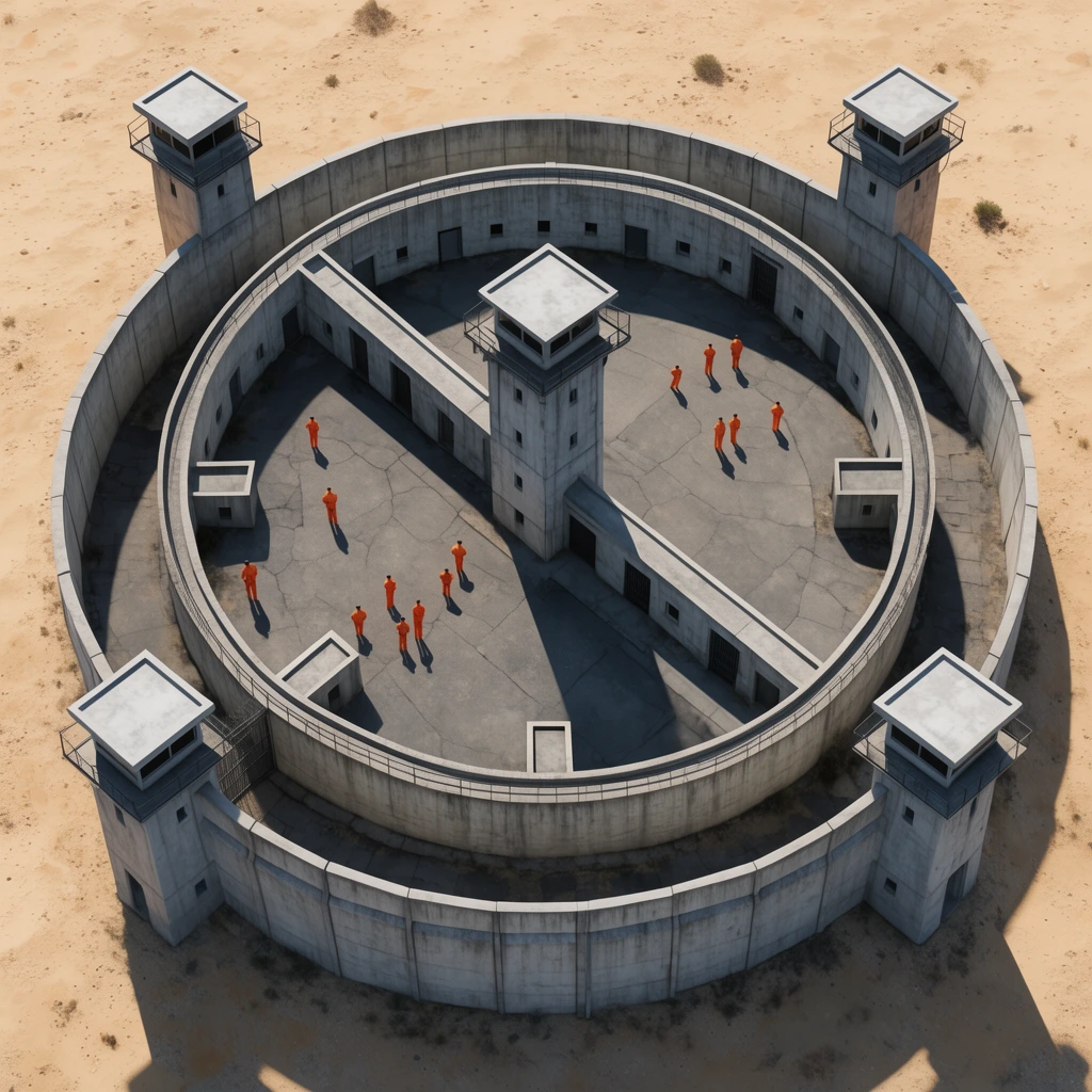 Aerial 3D render of a circular concrete prison shaped like a clock face in a barren sandy desert. Concentric walls, four perimeter guard towers, and a central cross-shaped tower enclose a paved courtyard containing scattered tiny figures in bright orange jumpsuits under bright daylight.