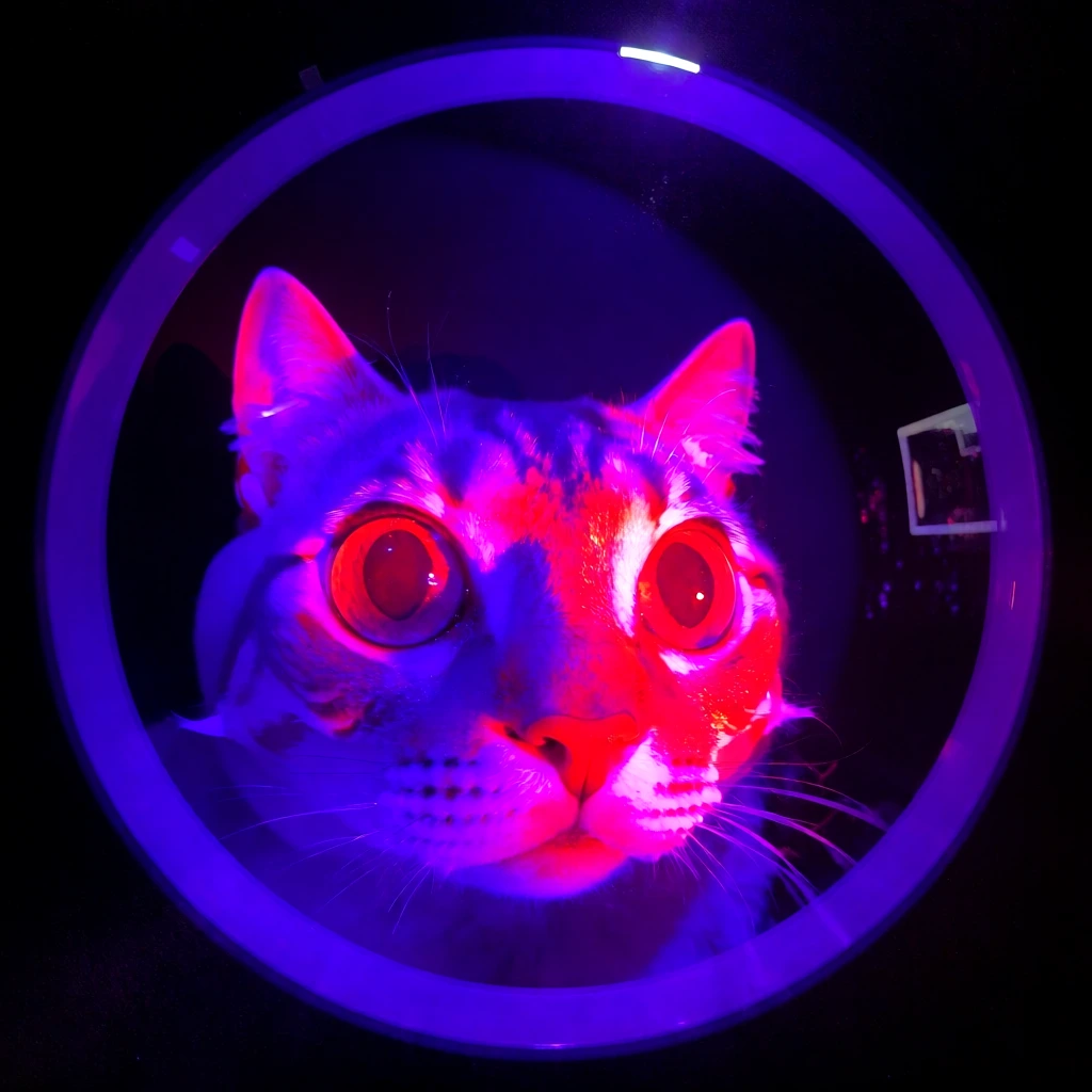 hyper-close-up of a cat face with massive dilated eyes, framed within a glowing neon violet circular portal, saturated in deep ultraviolet and electric magenta lighting, background featuring floating minimalist geometric shapes, ethereal high-contrast aesthetic, cinematic deep shadows, soft fur texture backlit by a vibrant purple glow, dark obsidian void surrounding the circular composition, ultra-detailed textures, moody surreal vaporwave atmosphere, clean composition, minimalist and intense.