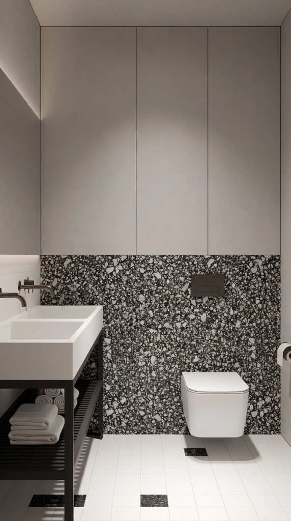 Modern minimalist bathroom, black and white terrazzo lower wall, smooth gray upper panels, white rectangular double sink on dark slatted open vanity, wall-mounted dark fixtures, folded white towels, wall-hung square toilet, white tiled floor with sparse black accents, straight-on architectural photography, soft lighting