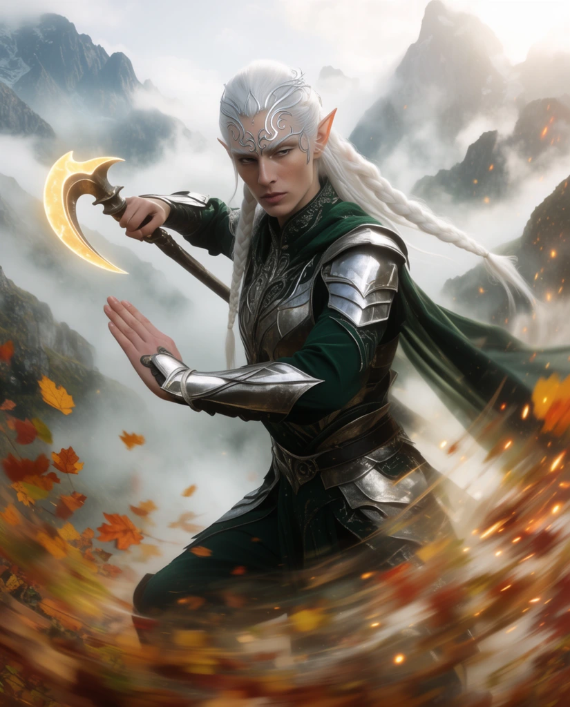 An adult elven warrior strikes a dynamic martial arts stance in a misty alpine landscape. The figure features long braided white hair and metallic silver filigree patterns across their forehead. They wear dark green and silver plated armor while gripping a glowing crescent-shaped polearm. Swirling autumn leaves and golden embers rush past the foreground to create rapid motion. The background showcases jagged mountain peaks shrouded in dense fog beneath bright daylight with cinematic lighting.