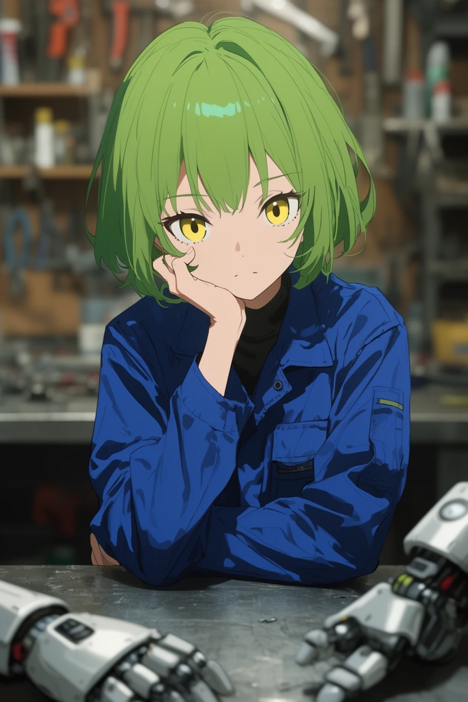 An anime-style girl with short green hair and yellow eyes rests her chin on her hand, sitting at a metal workbench. She wears a blue mechanic jumpsuit. In the blurred foreground, partial views of robotic limbs are visible. The background features a soft-focused workshop with shelves of tools.