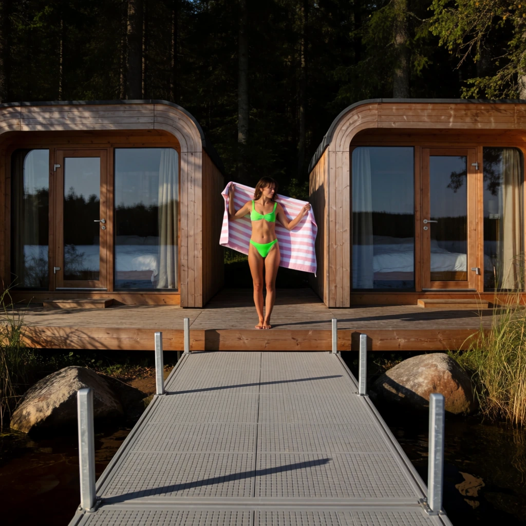 A woman in a neon green bikini stands barefoot on a wooden platform between two identical, modern wooden cabins with rounded edges, holding a pink-and-white striped towel up around her shoulders. The cabins feature large glass doors and windows reflecting the surrounding dark, dense forest. A grey, gridded floating dock extends out from the wooden platform, leading straight towards the viewer across dark water. In the foreground, the dock is punctuated by four vertical metal posts. Large rocks and tall grasses frame the edge of the water where the platform meets the shore. Sunlight filters through the tall trees in the background, casting long shadows across the wooden platform and highlighting the bright green of the bikini against the earthy tones of the wood and forest.