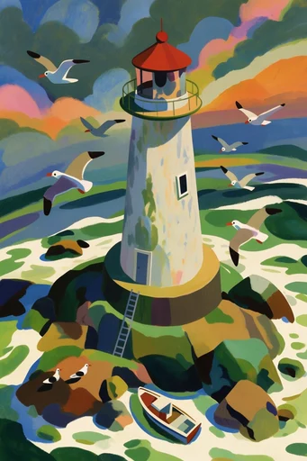 Sun-Drenched Gouache Vignettes style reference image — graphic stylized shadows