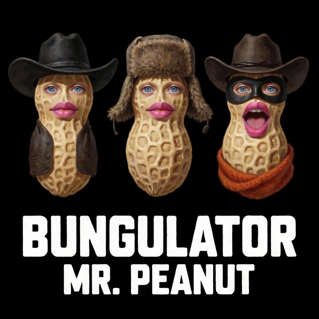Three anthropomorphic peanuts with human eyes and lips are dressed in various hats and accessories against a solid black background. The leftmost peanut wears a wide-brimmed black cowboy hat and a dark brown vest, showing blue eyes and pink lips. The central peanut is adorned with a brown fur ushanka with its ear flaps extended and features similar blue eyes and pink lips. The rightmost peanut wears a dark brown cowboy hat, a black mask over its blue eyes, and a thick orange scarf around its base, featuring a wide-open mouth with pink lips and a visible tongue. Each peanut character possesses the characteristic textured, tan, bumpy shell pattern of a whole peanut. The characters are positioned in a row in the upper half of the frame against a matte black backdrop. Large, bold, white, sans-serif block letters at the bottom of the image read "BUNGULATOR", with a second line of text directly underneath in a slightly smaller, matching white font that reads "MR. PEANUT". The composition is centered and symmetrical, presented as a digital illustration with a surrealistic style that combines realistic human facial elements with stylized food figures. Frontal lighting creates soft highlights and shadows that define the rounded shapes of the peanut shells, while the color palette is primarily composed of earthy tan tones, black, white, and vibrant pink accents on the lips.