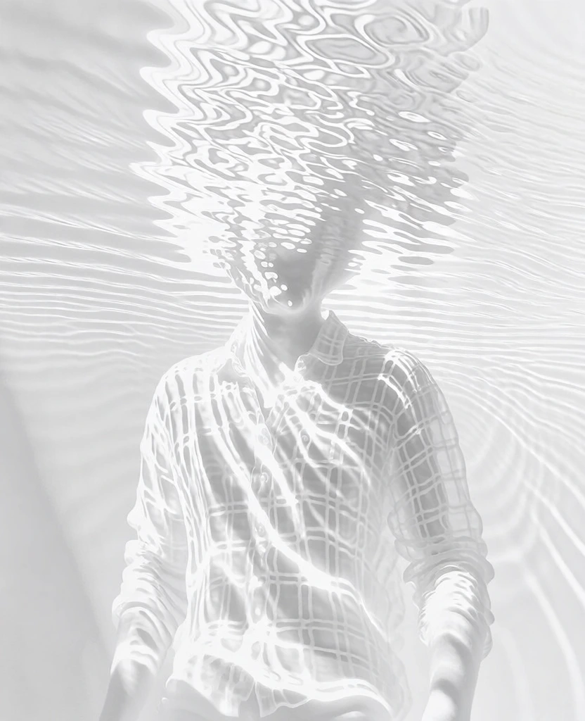 humanoid creature with horns wearing a plaid shirt, submerged in a pool of brilliant white light, shimmering water ripples and caustic patterns overlaying the form, high-key monochromatic white aesthetic, minimalist composition with soft fluid distortions, bright silvery highlights, delicate pale grey shadows, clean high-end brand photography style, dreamlike atmosphere, abstract liquid textures, overexposed, elegant, serene, organic motion.