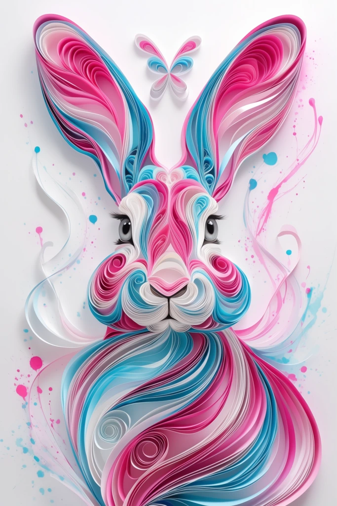 A symmetrical, abstract portrait of a rabbit constructed from flowing, layered ribbons of vibrant pink, cyan, and white. Resembling intricate 3D paper quilling, the swirling curves form elongated ears, a contoured snout, and a sweeping neck. Realistic grey eyes contrast with the abstract anatomy. A delicate butterfly shape hovers between the ears. The stark white background is accented by wispy tendrils and vibrant splatters. Smooth lighting emphasizes glossy textures and fluid depth.