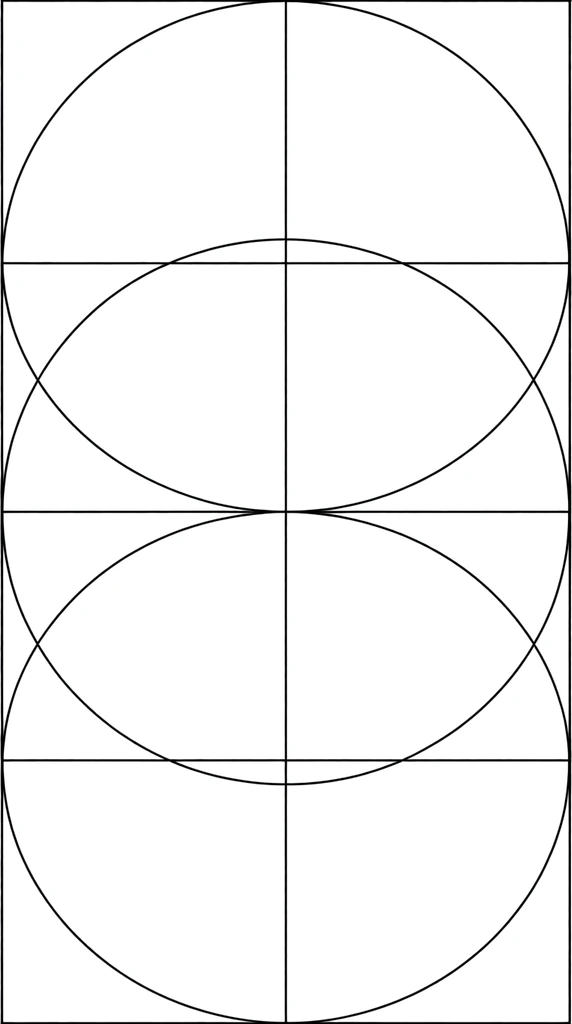 A purely structural, minimalist geometric composition formed by uniform black lines on a stark white background. An outer shield-like boundary with a rounded bottom encloses a precise network of intersecting vertical axes, horizontal segments, and overlapping circular arcs. The abstract design maintains a perfectly consistent monoline weight, creating balanced enclosed geometric segments.