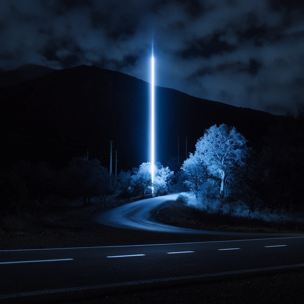 A piercing vertical beam of bright white light shoots upward from a winding road into a dark, cloudy night sky, casting an icy blue glow on surrounding trees. A massive shadowed mountain looms behind faint utility poles, while a straight, dark road with dashed lines crosses the foreground of this moody, high-contrast cinematic night landscape.