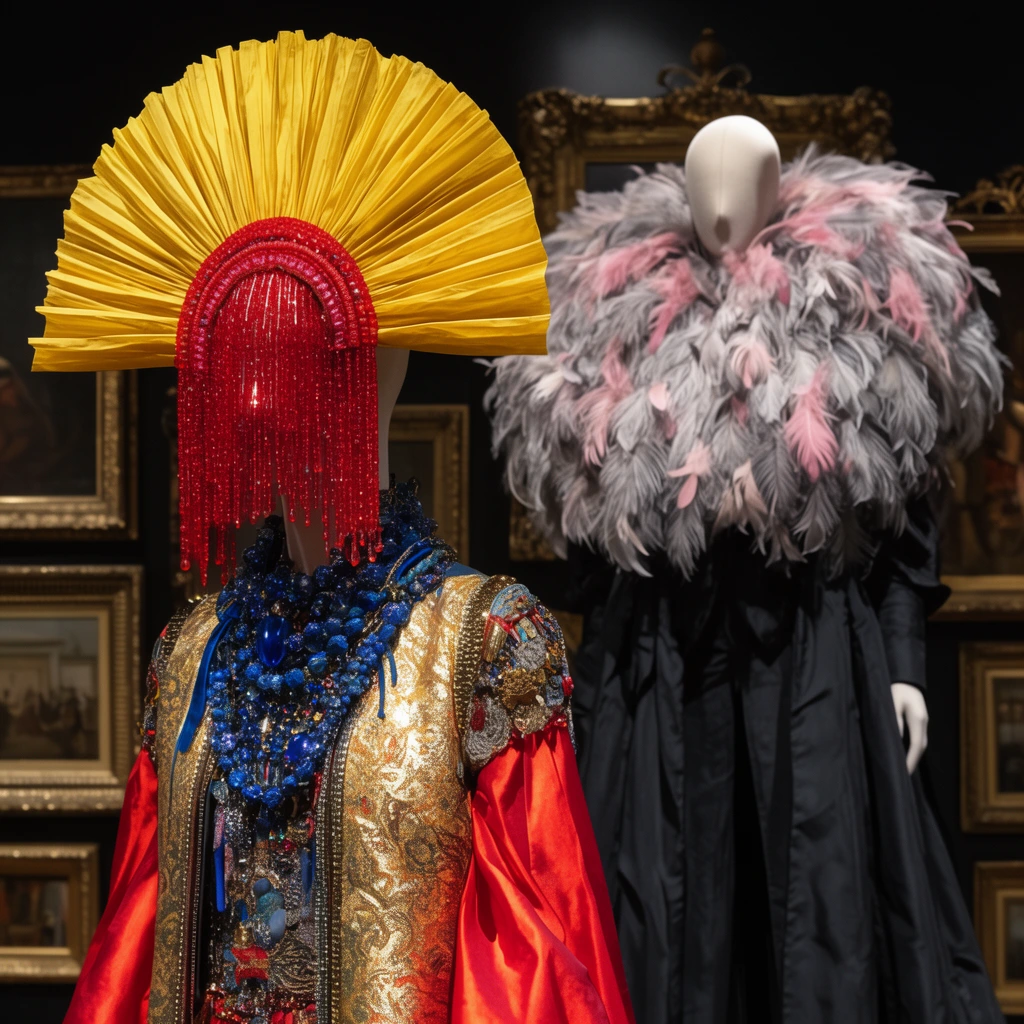 A maximalist avant-garde mannequin wears a massive pleated yellow fan headpiece and a red beaded fringe obscuring the upper face. The intricate garment layers gold brocade, vibrant red silk, heavy blue beaded necklaces, and metallic details. Behind it, a second mannequin is engulfed in a colossal collar of voluminous grey and pink feathers over a flowing black coat. Dramatic spotlighting highlights the shimmering textures, theatrical styling, and rich fabrics against a dark gallery setting adorned with ornate gold picture frames.