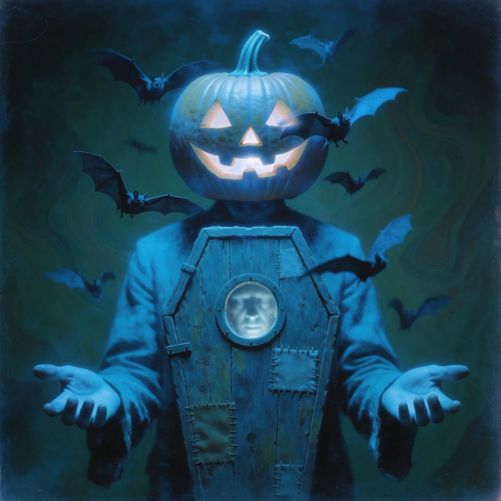 eerie surrealist portrait, figure with a glowing jack-o'-lantern head and weathered coffin torso, surrounded by dark fluttering bats, monochromatic deep cyan and sapphire blue lighting, haunting internal luminescence, soft focus dreamlike atmosphere, grainy painterly texture, dark forest green background with subtle swirling patterns, melancholic aesthetic, high contrast between glowing highlights and deep shadows, misty diffused edges, early photographic plate style.