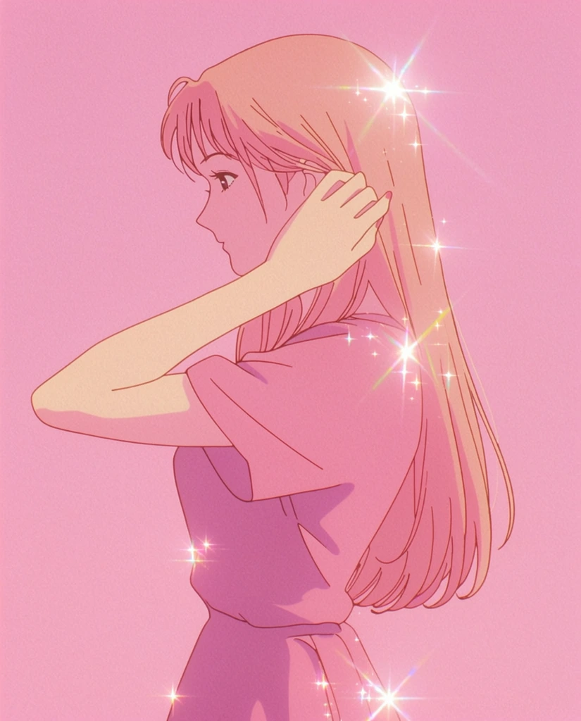 A retro 1990s anime-style illustration bathed in a monochromatic pink palette features a woman in a dress standing in profile facing left, her arm raised with her hand delicately touching her hair. The woman's silhouette is defined by crisp, delicate line art, with her facial features, skin, and hair rendered in flat, pastel peach and bubblegum pink tones. She wears a dress shaded in soft magenta, her raised fingers resting lightly against her locks. The subject is set against a solid, vibrant pastel pink background, creating a seamless rosy environment. The artistic execution mimics vintage 2D cel-shaded animation characteristic of City Pop aesthetics. Soft, ethereal lighting illuminates the composition, heavily punctuated by prominent, glowing four-point starburst glints and sparkling light flares scattered across the highlights of her hair and the edges of her dress. A subtle film grain texture overlays the flat colors and crisp minimal shading, reinforcing the dreamy, vintage visual era.
