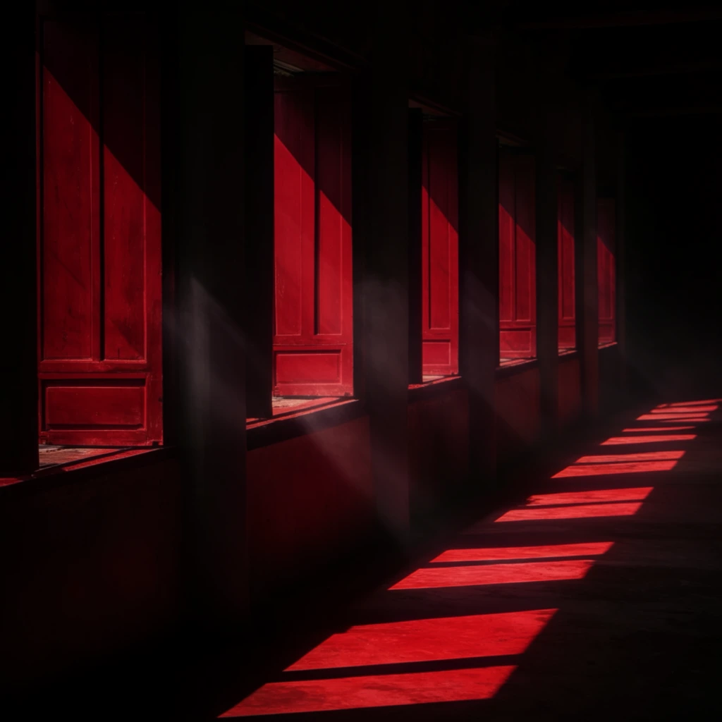 A dark interior corridor illuminated by sharp diagonal beams of sunlight striking deep crimson wooden window shutters. The intense light casts bright geometric red rectangular patches across the shadowy floor, receding in a stark linear perspective towards the deep background. Thick vertical pillars separate each window opening, wrapping the surrounding space in heavy shadow. Faint atmospheric haze catches the angled light rays, establishing a dramatic high-contrast chiaroscuro effect. The composition is defined by the rhythmic repetition of intensely saturated red illumination against deep blackness, emphasizing sharp architectural geometry and low-key lighting.