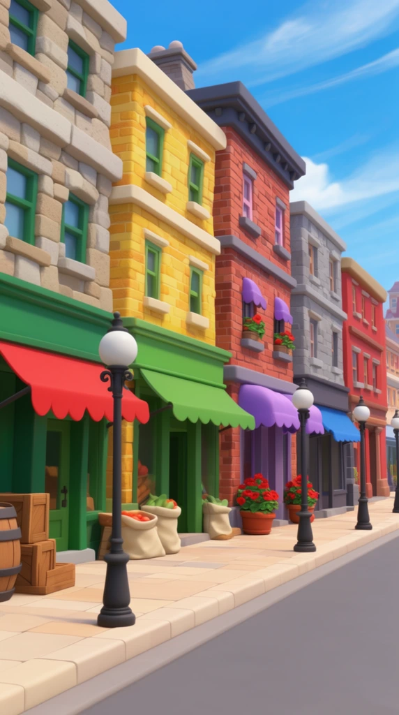 A vibrant 3D-animated street view of a sunny commercial district featuring colorful storefronts with a playful, toy-like aesthetic and smooth stylized textures. A stone building on the left has a green facade, red awning, stacked crates, and a barrel. Adjacent is a yellow brick building with green awnings and canvas produce sacks. Next stands a red brick structure featuring purple scalloped awnings and potted red flowers, followed by a grey building with a red facade and a blue awning. The wide tiled sidewalk is lined with black wrought-iron streetlamps featuring round white glass globes, bordering a smooth grey asphalt road under a bright blue sky with wispy white clouds.