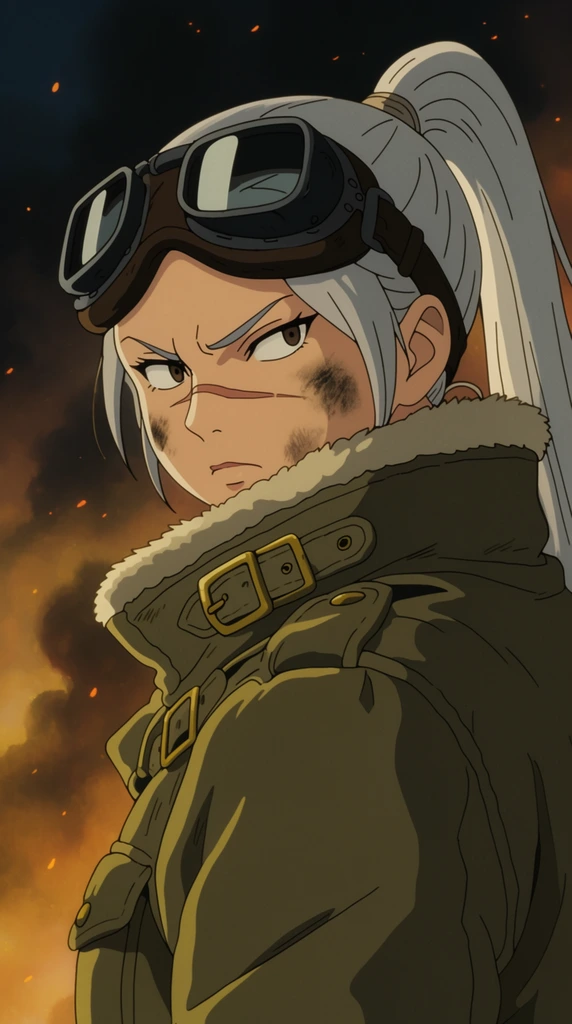A cel-shaded, 2D anime-style portrait captures a determined young pilot looking fiercely over her shoulder against glowing amber industrial smoke. The woman features long, sleek silver hair pulled into a high ponytail, a prominent diagonal scar across her nose, and dark grease smudges on her cheeks. Her intense expression is highlighted by furrowed brows and sharp eyes. She wears a thick olive-green canvas flight jacket with heavy brass buckles, a high fur-lined collar, and chunky black goggles resting on her forehead. The background is a hazy dark night sky filled with swirling illuminated smoke and floating orange embers. Rendered in a vintage hand-drawn animation aesthetic, the artwork features crisp line art, flat colors, and dramatic side-lighting that emphasizes the resolute mood of the tight over-the-shoulder framing.