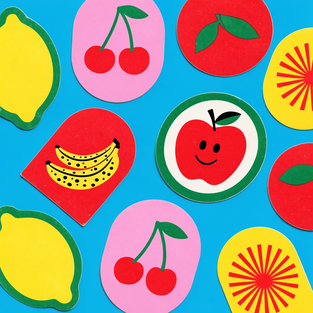 scattered vintage pop art fruit stickers on a vibrant cyan background, bold flat color palette, yellow lemon-shaped decals with green borders, pink oval stickers featuring red cherries, arched red decals with black-spotted yellow bananas, circular green-bordered sticker with a smiling red apple, round red stickers with green leaves, yellow oval decals showing a red sunburst graphic, crisp die-cut edges, subtle retro print texture, dynamic flat lay composition