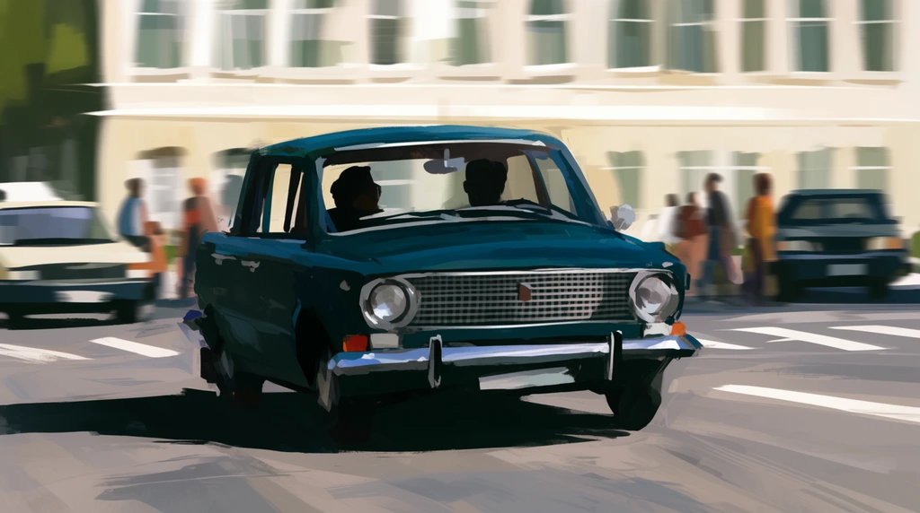 A dark teal vintage sedan drives down a sunlit street in a loose digital painting. The car features round headlights, a wide grille, chrome bumpers, and two silhouetted passengers. Behind it, a light-colored building with rows of windows is rendered with heavy motion blur. Blurred pedestrians and boxy cars fill the periphery. Broad brushstrokes, low-angle perspective, and stark cast shadows create a dynamic, high-contrast composition.