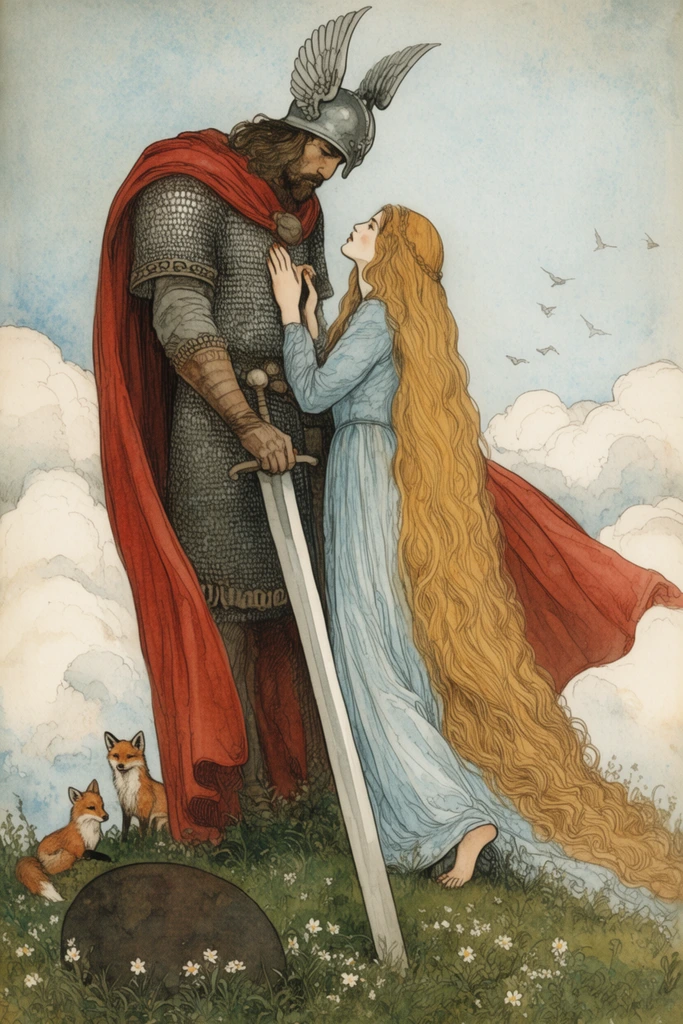 vintage watercolor illustration, towering warrior and a maiden in an intimate embrace, man in a winged metal helmet and chainmail tunic with a long red cape, massive broadsword pointing down, maiden leaning forward with hands on his chest, incredibly long flowing golden hair cascading over a pale blue gown, barefoot on green grass with small white flowers, two small foxes near a dark round stone, rolling white clouds, pale blue sky, distant flying birds, delicate ink linework, muted earthy tones, storybook aesthetic