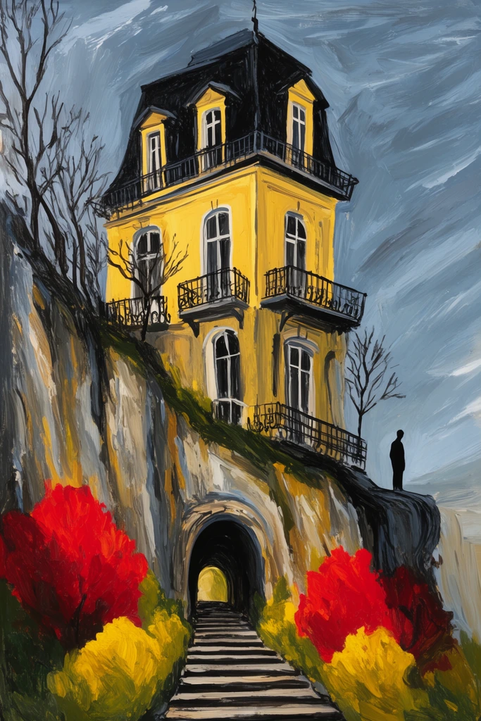 An expressionist painting depicts a tall yellow house with a dark mansard roof perched atop a steep cliff. Wrought-iron balconies line the facade, while spindly bare trees grow from the sheer rock. Below, stone stairs ascend to an arched tunnel entrance framed by vibrant red and yellow bushes. A solitary silhouette stands on a right-side ledge. The artwork features thick visible brushstrokes, distorted perspectives, and a turbulent blue-grey sky.